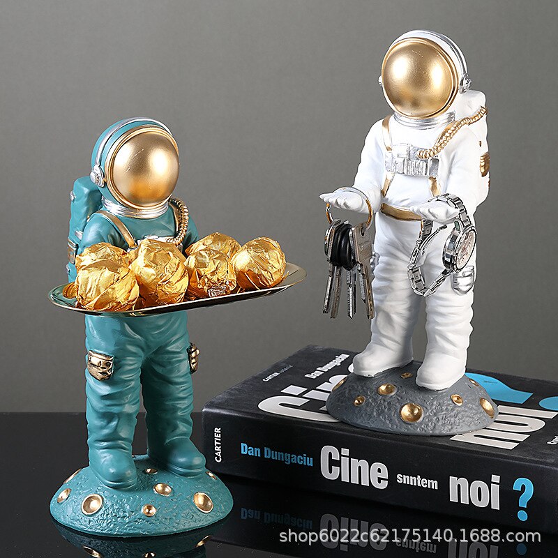 Leuke Astronaut Beeldje Met Lade Ruimte Man Hars Standbeeld Met Plaat Tafel Ornamenten Voor Thuis Tafel Decoratie Accessoires