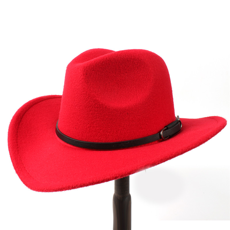Vintage uld kvinders mænds vestlige cowboy hat til gentleman lady vinter jazz cowgirl wide brim church sombrero caps størrelse 56-57cm: Rød