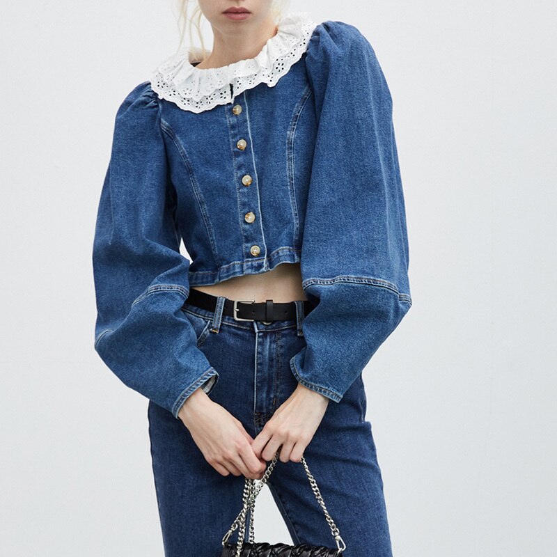 VGH-camisa de encaje Vintage para mujer, blusa vaquera informal con manga acampanada y cuello con volantes, Ropa nueva