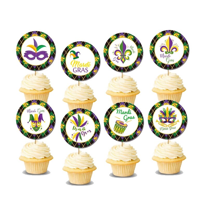 MARDI GRAS Carnival Theme Birthday Party Decoration Cake Topper Banner PVC Spiral Pendant Latex Balloon Supplies: 8pcs round topper