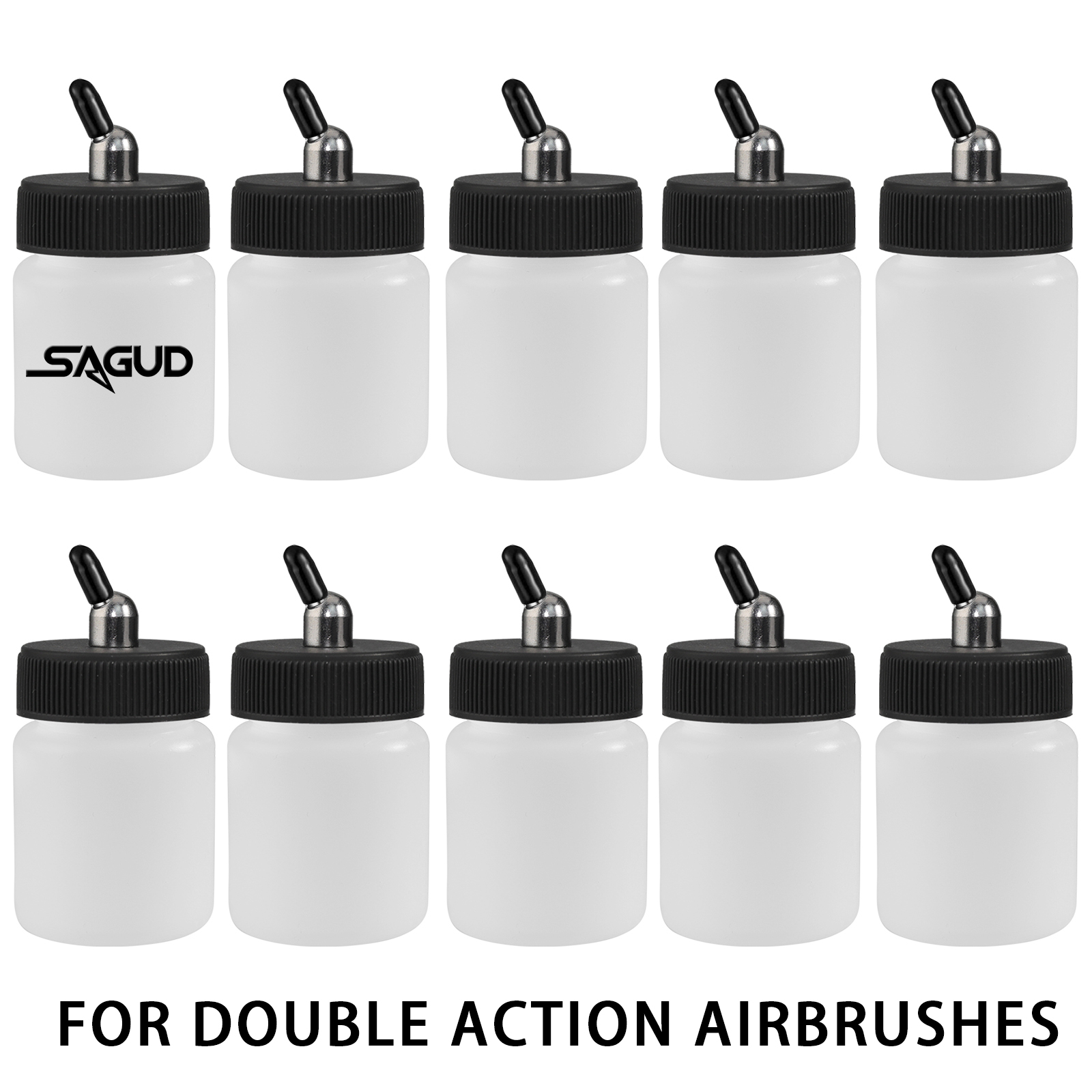 SAGUD Juego de botellas de aerógrafo con tarro de plástico de 10 piezas 30 ° /60 ° Adaptador de ángulo inferior con cubiertas de tapa de tarro para aerógrafos de acción simple/doble: Grey
