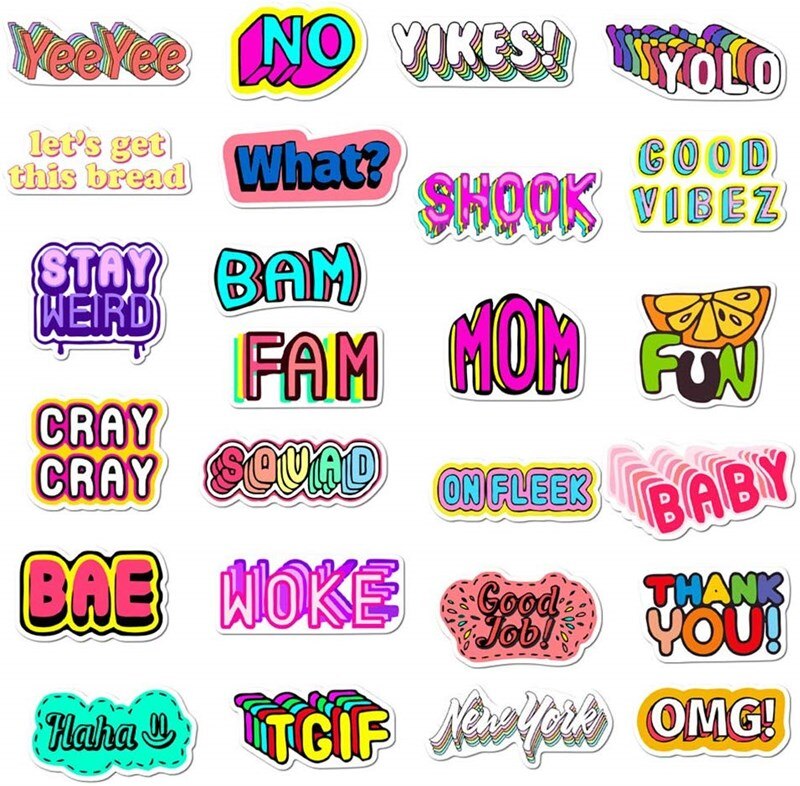 50Pcs Vinyl Laptop Stickers Cute English Word Stickers Thank You LoveFunny Word Decoration Sticker For Laptop Notebook Luggage