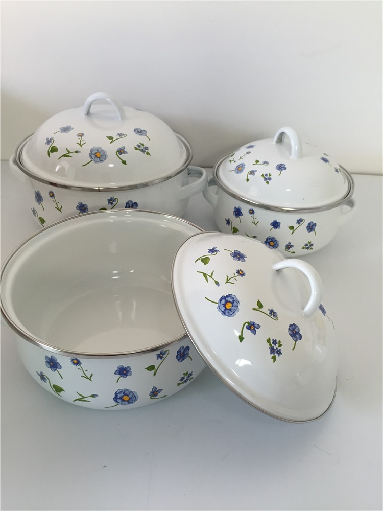3-piece Soup Pot 1-2 litre Enamel Cooking Pot Mini Kitchen Cooker Multi-function Porcelain Enameled Cooking Pot