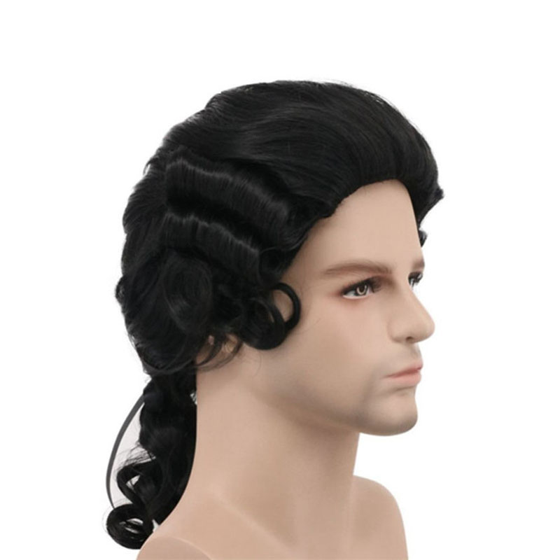 Lawyer Judge Baroque Cosplay Wig Curly Grey White Black Deluxe Historical Long Heat Resistant Synthetic Hair Wigs + Wig Cap: Natural Black