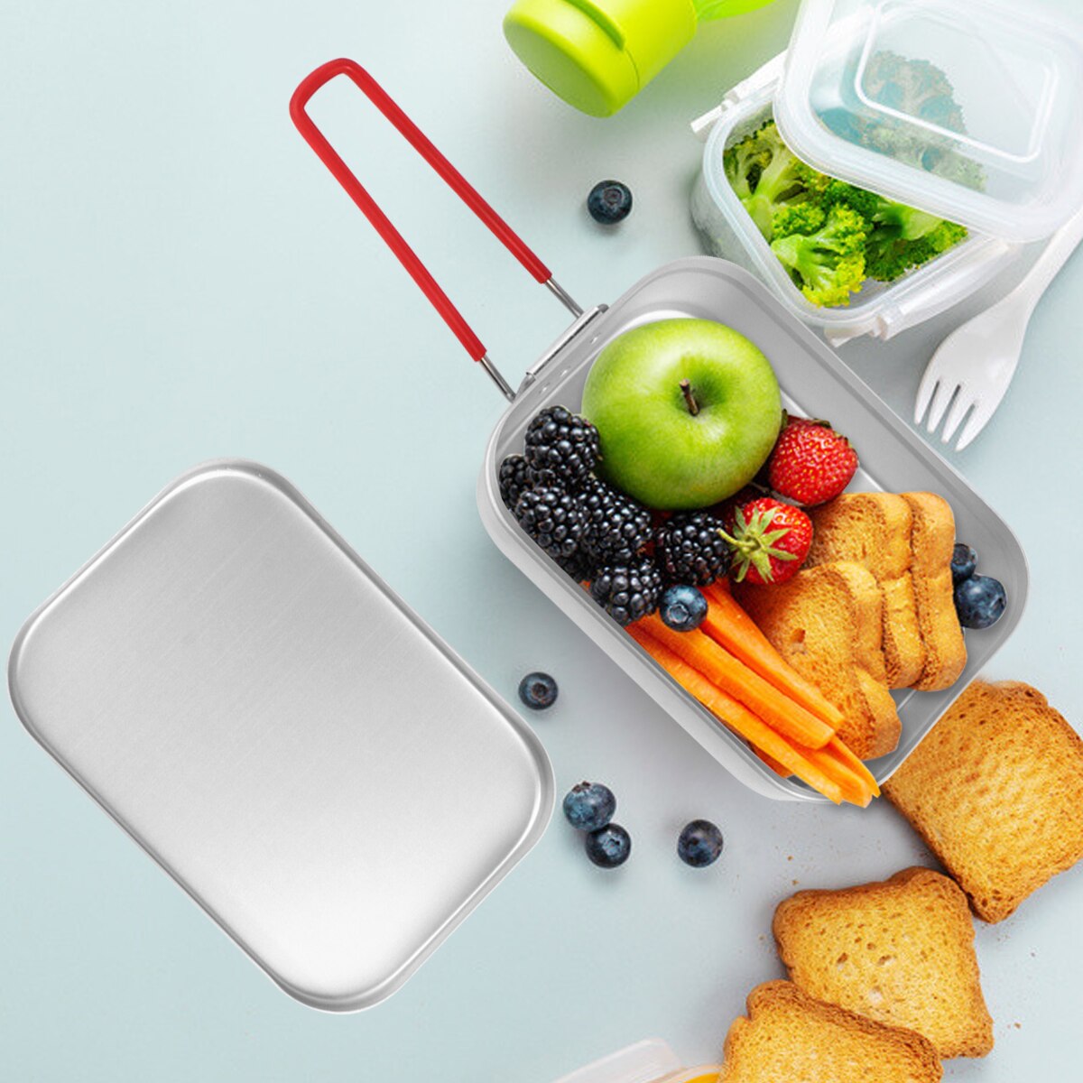 Aluminum Lunch Box With Red Folding Handle Portable Bento Box Mini Food Container for School Office Camping