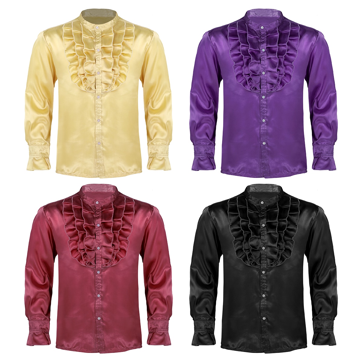 Vêtements pour hommes Hip Hop fête Clubwear soie col montant avant à volants bouton bas Slim Fit Vintage mariage smoking robe chemises