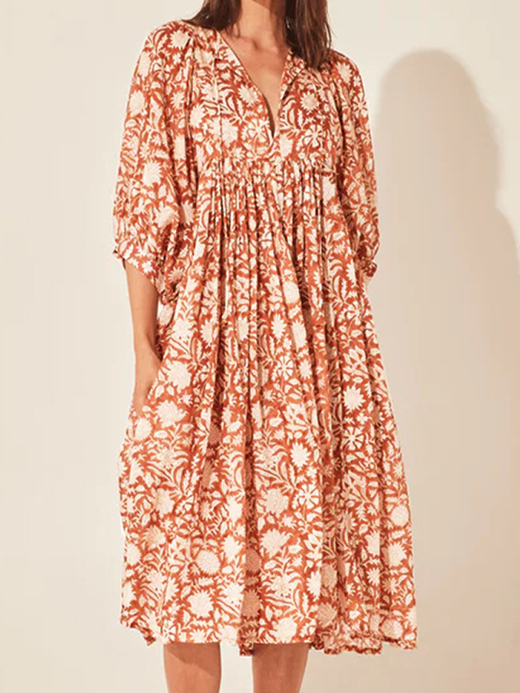 Oversized Casual Loose Dresses Women Summer Floral Printed Long Dresses Lantern Sleeve Boho Beach Dress: XL / Orange