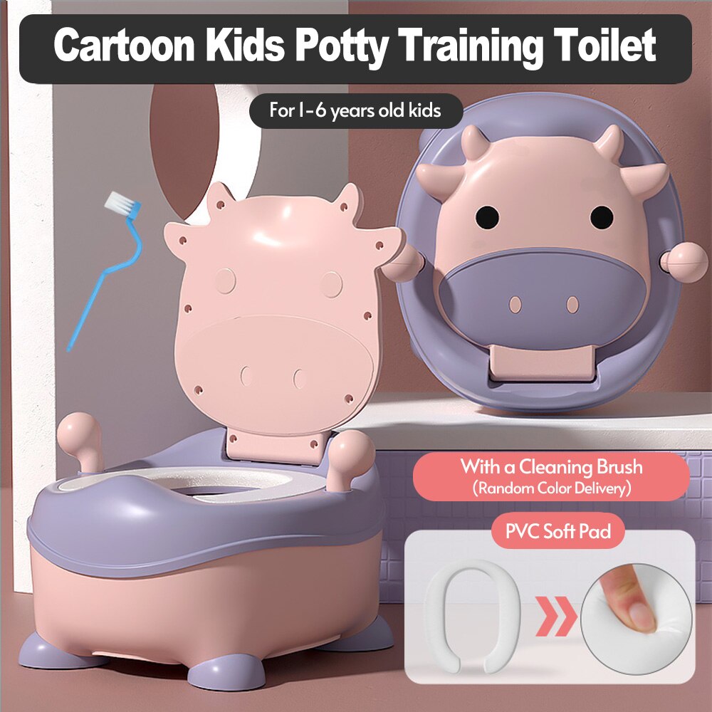 Cartoon Kids Potty Training Toilet Comfortable Toilet Trainer for Toddlers Boys Girls with Soft Pad Lip Handles Cleaning Brush