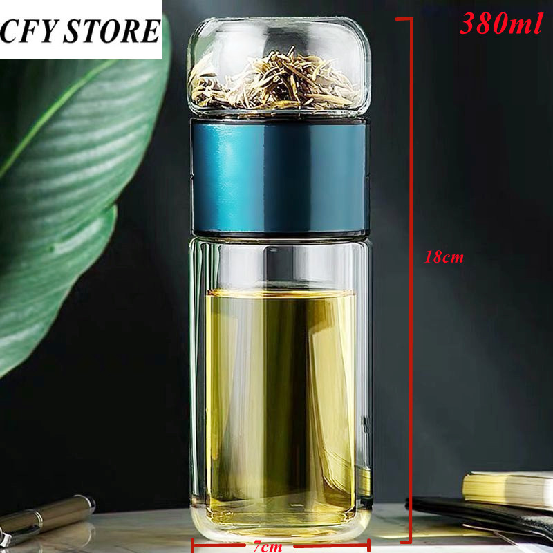 380ml Glass Double Wall Water Bottle High Borosilicate Glass Tea Water Separation Cup Milk Coffee Drinking Glasses Drinkware: Blue 380ml