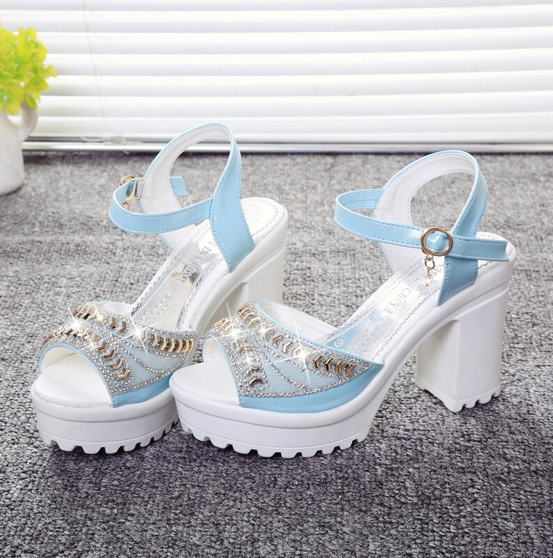 sommer neue strass fisch mund schuhe dicken boden schwamm kuchen wasserdichte plattform hoch Hacke dick mit sandalen frauen: Blau / 37