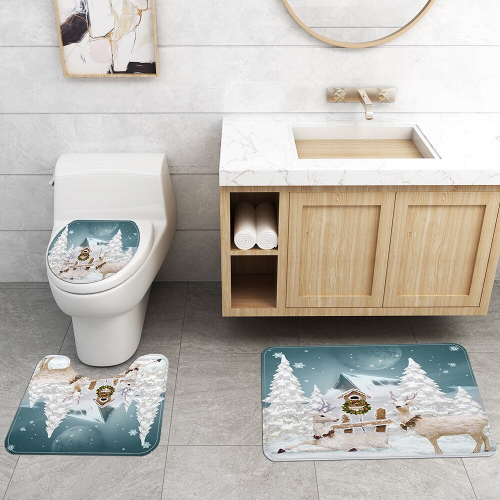 Merry Christmas Shower Curtain Set Bath Mats Rugs Christmas Tree Deer Anti Slip Pads Toilet Cover Bathroom Curtains with Hooks: B 3PCS