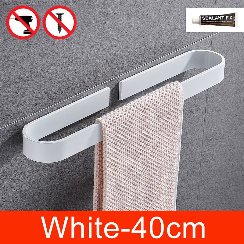 Self-adhesive Black Bath Towel Holder Bathroom Towel Rack No Punch Towel Rail Rack Towel Holder Bath Storage Shelf ML65B: White-40cm