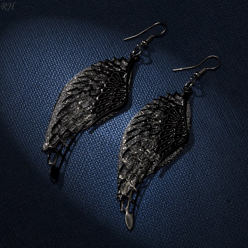 Bohemian Metal Angel Wings Oorbellen Voor Vrouwen Sieraden Zwarte Veer Vleugels Dangle Earring Partij Sieraden