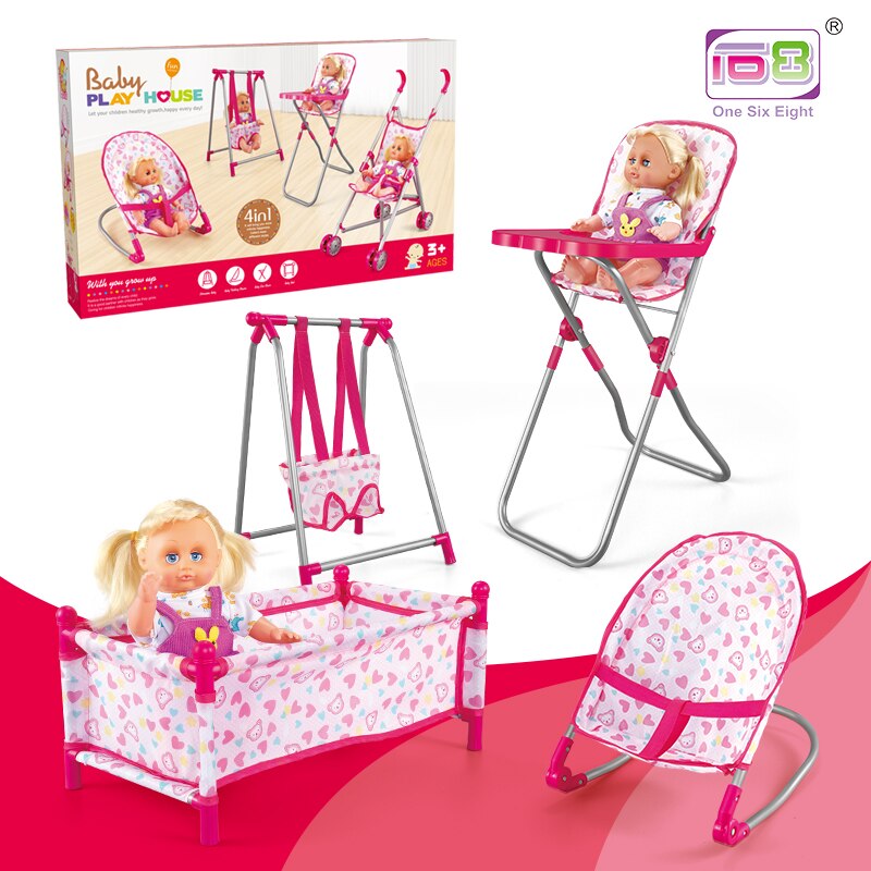 4 in 1 Baby Children Foldable High Dinning Chair Swing Chair Stroller Cot Bed Dolls Toys Set box Pretend Play funiture Toys: CS8849