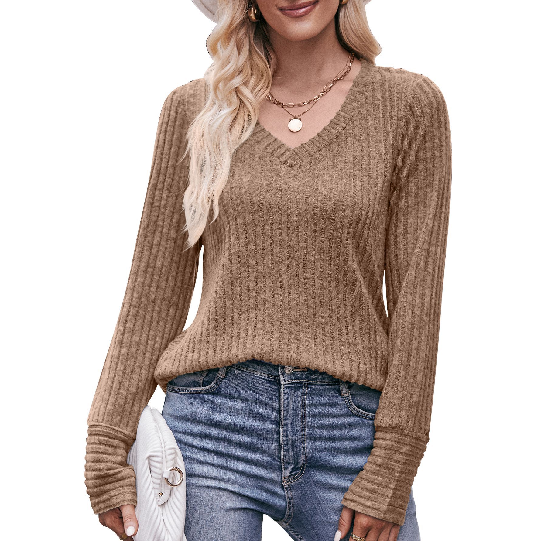 Herfst Winter Losse Casual V-Hals Pullover T-Shirts Dames Mode Eenvoudige Lange Mouw Onderkant Top Vrouwen T-Shirt Dames Kleding: XXL / CAMEL