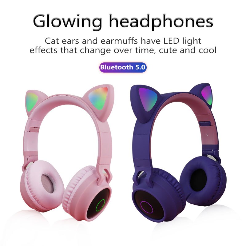 Nette Katze Bluetooth 5,0 Headset Drahtlose Hifi Musik Stereo Bass Kopfhörer LED Licht Handys Mädchen Tochter Headset Für PC