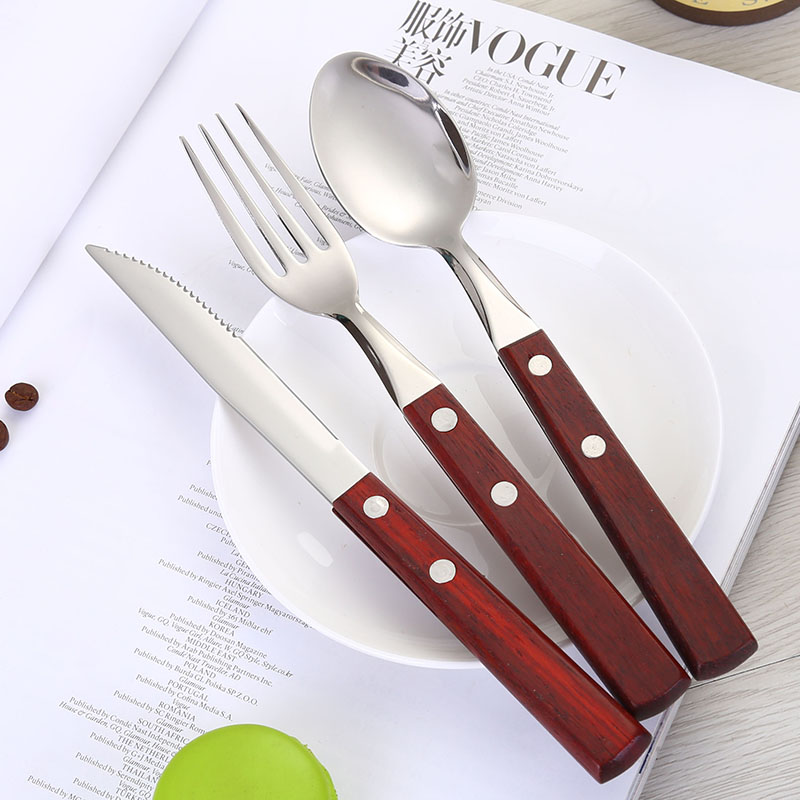 Rustfrit stål middagsske gaffel kniv bordservice metal spisestel træskaft bestik bryllup fest hotel køkken tilbehør