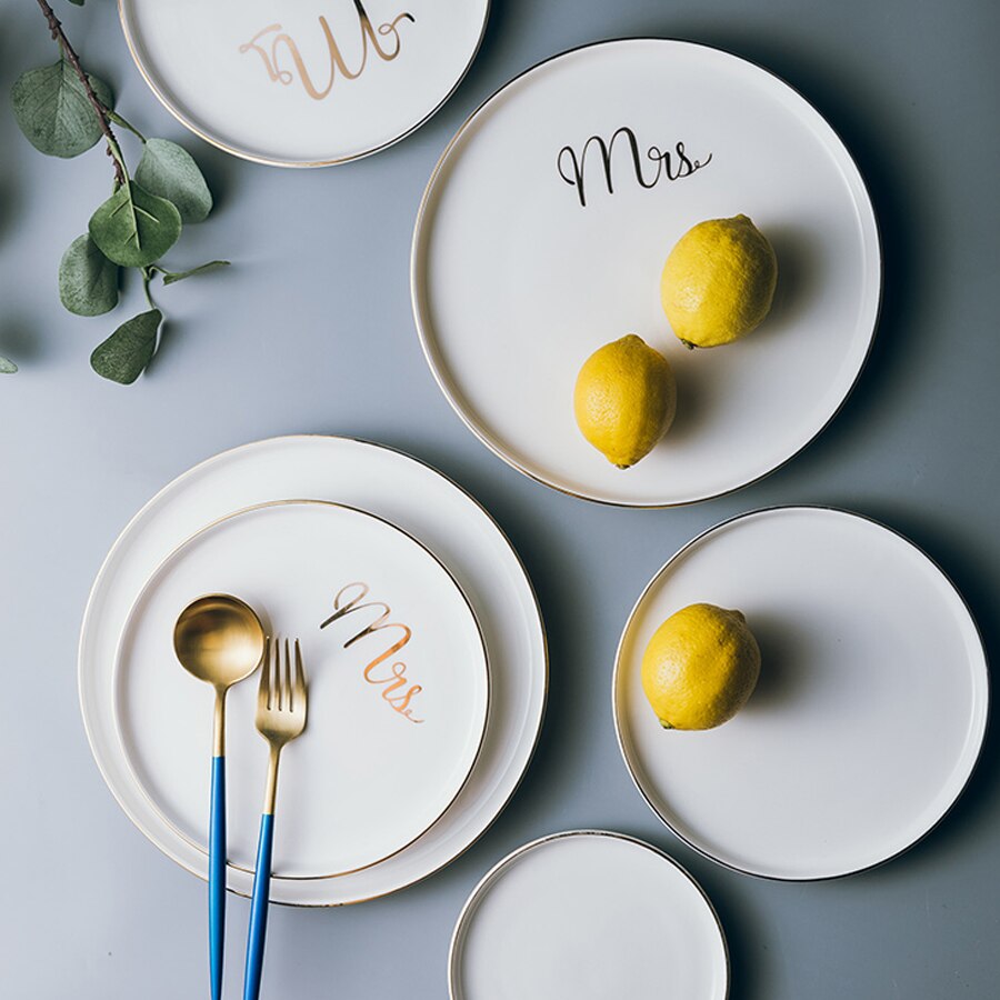 MUZITY Ceramic Plate White Plate With Gold Inlay 6/8/10 inch Porcelain Dinner Plate Set Breakfast Set