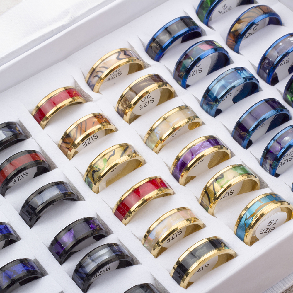 24 Stks/partij Mode Mousserende Multicolor Schelpen Rvs Ringen Voor Vrouwen Mannen Mix Stijl Bruiloft Partij Vinger Sieraden