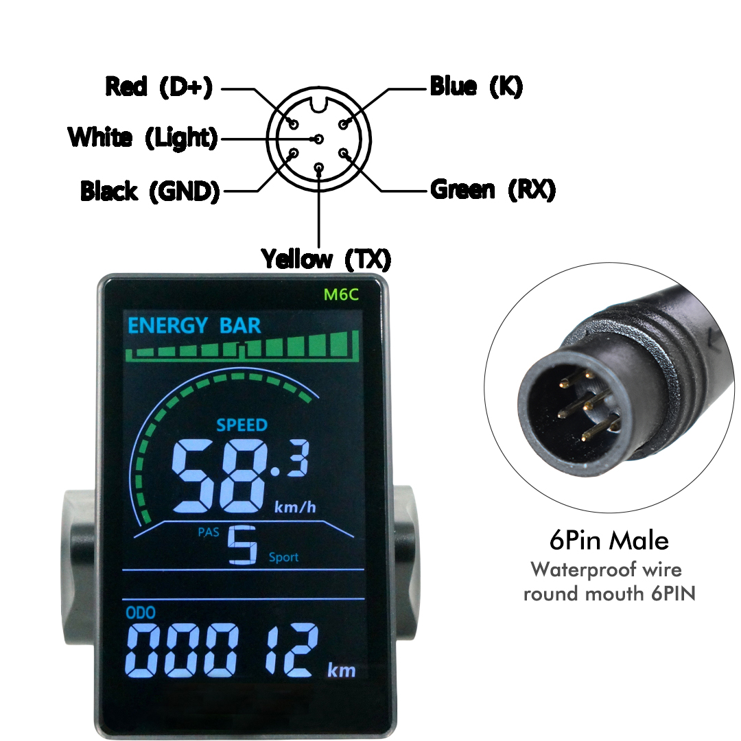 M6C 24V 36V 48V Elektrische Fiets LCD Display Meter Waterdicht E Scooter LCD Panel Kleurenscherm met USB Voor Mountain Elektrische Fiets: Licht Groen
