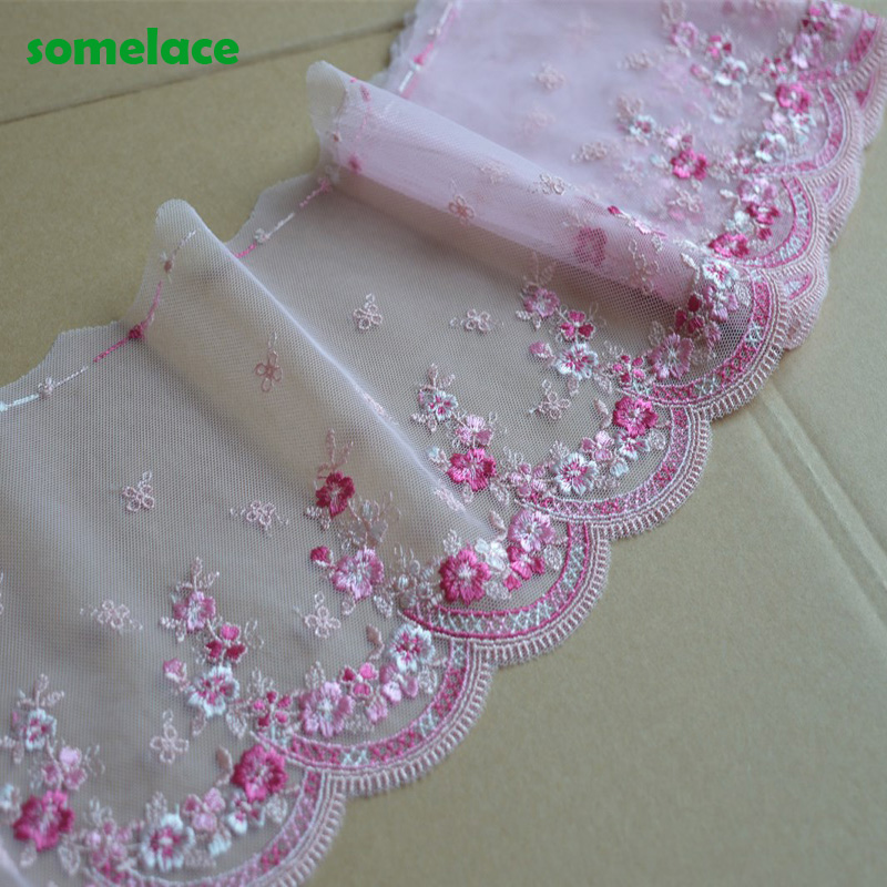2 Yards/Lot 16 cm Breed Transparant Mesh Rood Wit Gemengde Bloem Borduren Kant Trim Voor Onderkleding, Bruiloft stof