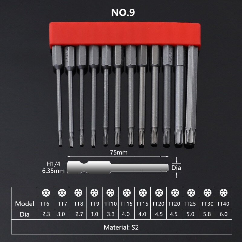 12pcs Set Security Tamper Proof Magnetic Screwdriver Drill Bit Screwdriver Bits Hex Torx Flat Head 1/4 "50mm 75mm 100mm: 09