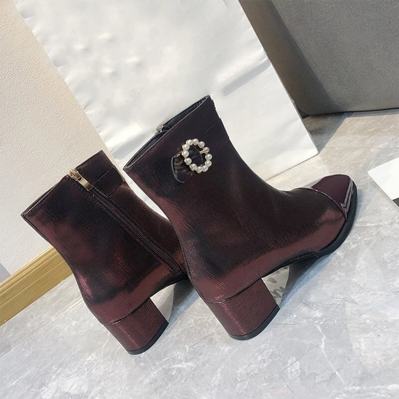 Escarpins courts en cuir PU pour femmes, bottines d'automne avec fermeture éclair et perles, talons hauts, bout carré, chaussures à la ,
