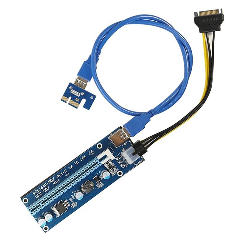 Pcie Riser 1X Om 16X Powered Riser Card Adapter, 60Cm Usb 3.0 Verlengkabel, 6 Pin Sata Power Cable - 6 Pack