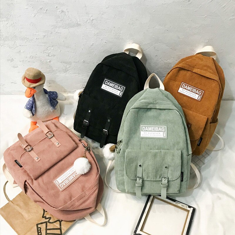 Stripe Corduroy Back Pack Women Cute School Bag Teenage Girls Backpack Harajuku Student Lady Book Bags With Pendant