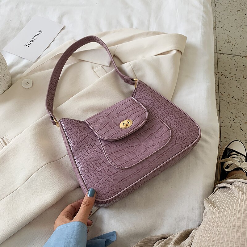 Crocodile pattern Large Tote bag High Leather Women's Handbag Travel Shoulder Bags Armpit bag: Purple