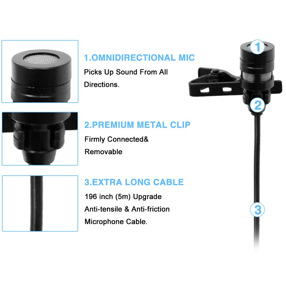 Clip-On Condenser Omni Directional Microphone Double Head Smartphone Computer Lapel Mic 3.5mm Plug and Play with Clip Adapters