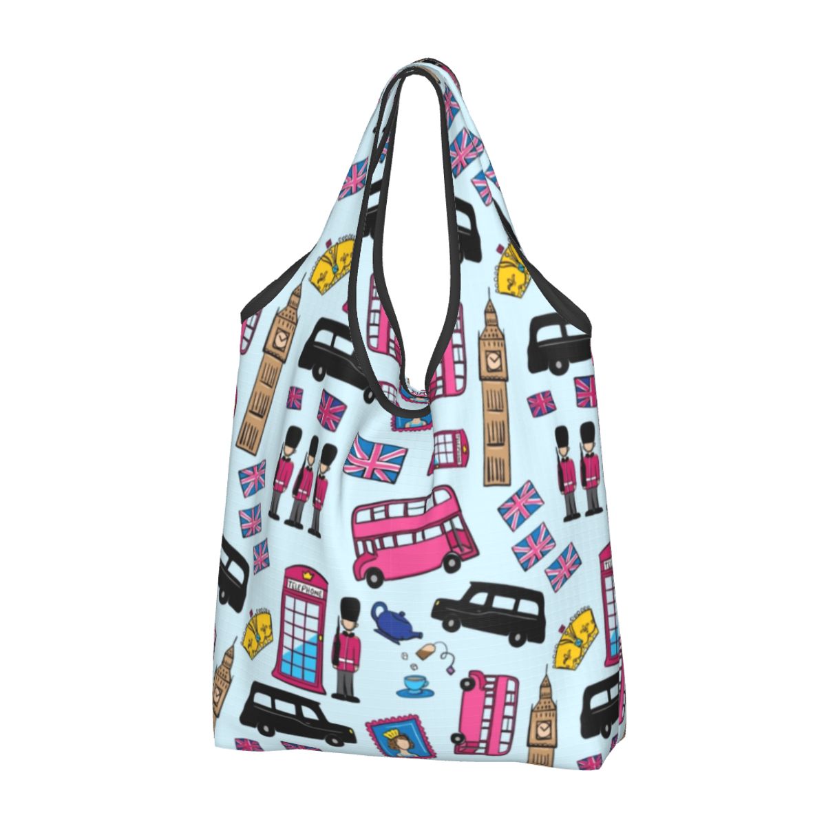 Aangepaste Britse vlag Londen rode bus auto boodschappentas mode shopper Tote schoudertassen draagbare handtas met grote capaciteit: Sky Blue