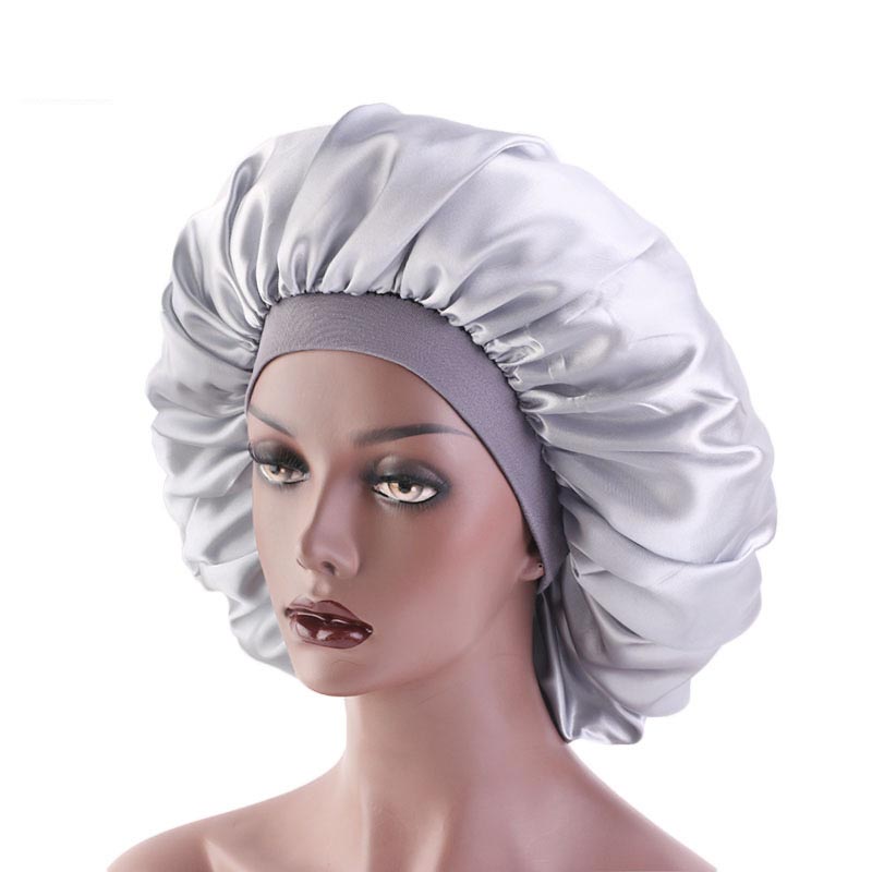 Women Satin Sleep Night Chemo Cap Solid Color Stretch Hair Care Hat Turban Bonnet Headscarf Skullies Wide Elastic Band Headwear: 03  Sliver
