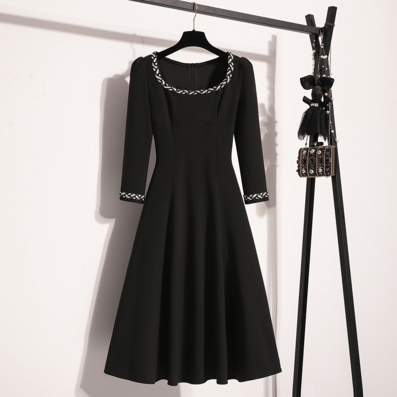 Efterårs fransk retro hepburn sorte kjoler til kvinder firkantet krave højtaljede a-linje midikjoler kontordamer vestidos: Xxl