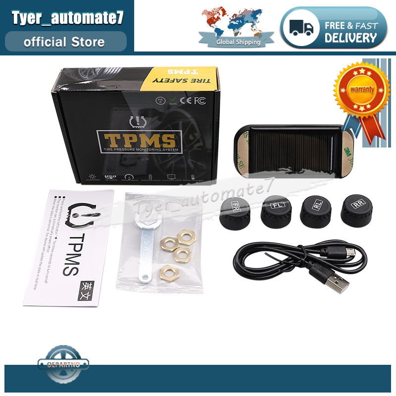 Bandenspanningscontrolesysteem met 4 externe sensoren, temperatuurwaarschuwing, digitale manometer, autobandenspanningsmonitor, tpms op zonne-energie.