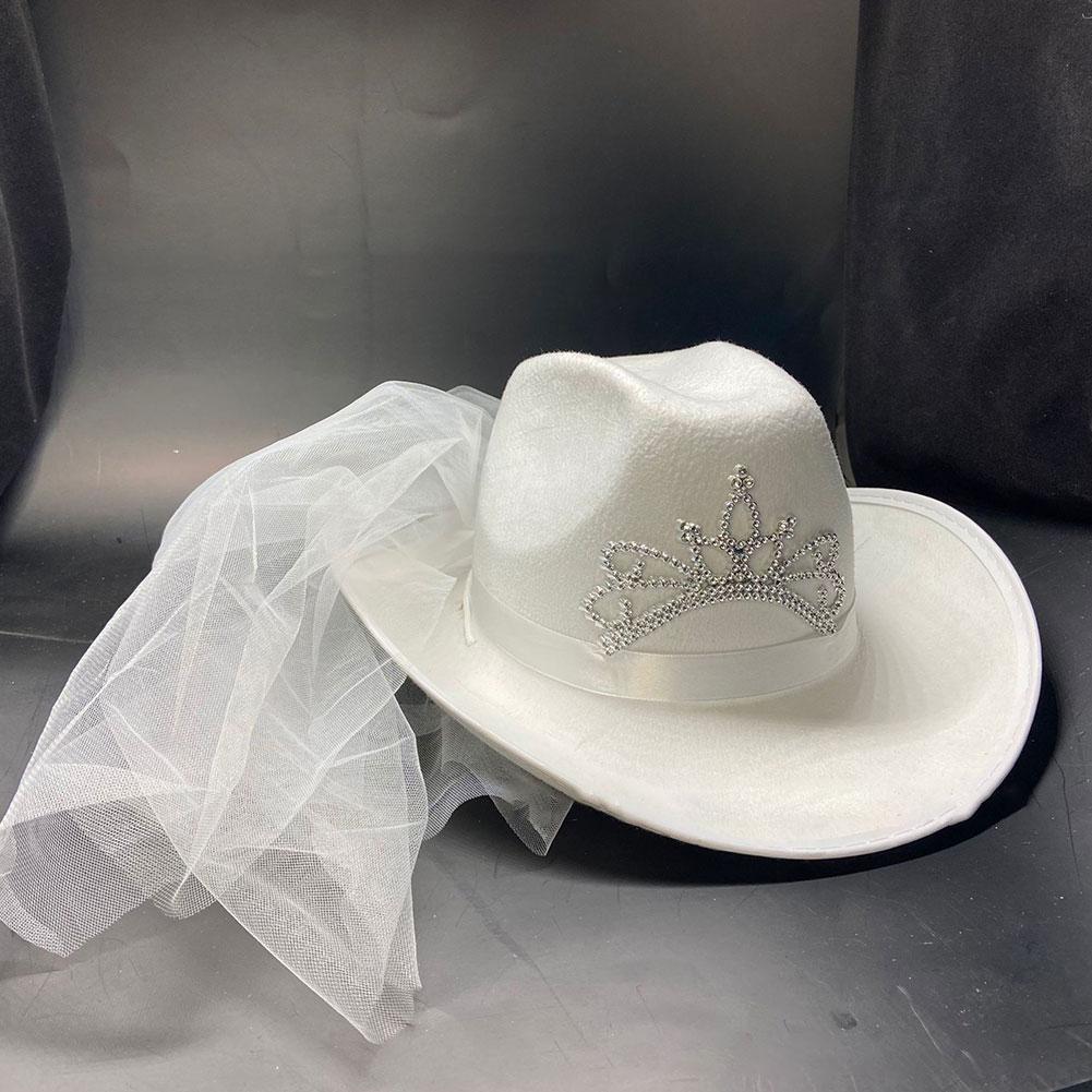 Cowgirl Hat with Veil Western Bride Cowgirl Hat Summer Beach Hat Wide Brim Dress Women Caps Face Veils Wedding Hats for Women: white crown