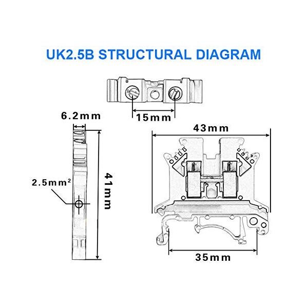 Kombinator  dk2.5n-bl 10 -gjengs strømfordeling  dk2.5n-bl 10- gjengs bokskobling din-skinne rekkeklemmer , 12-22 awg , 20 amp , 600