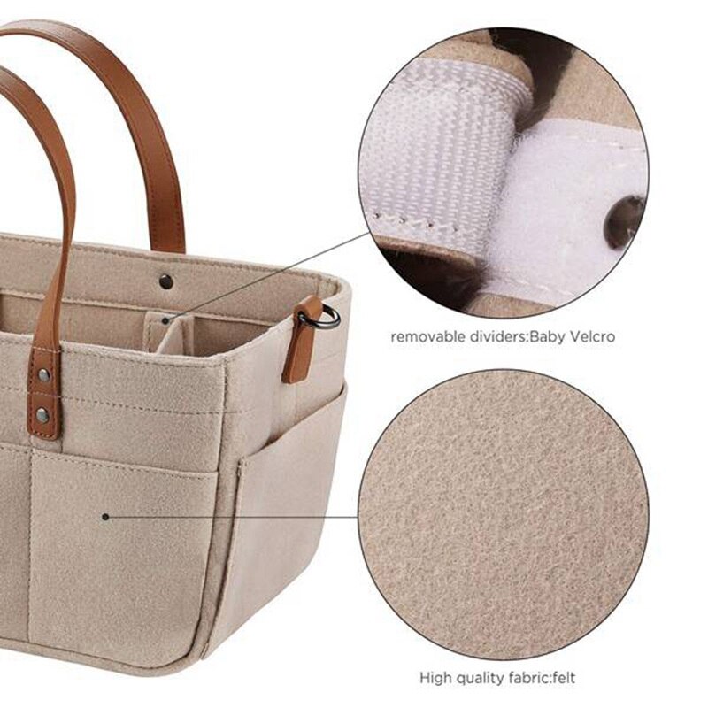 Baby Diaper Caddy Organizer,Portable Nursery Storage Bin Felt Basket with Multiple Pockets and Interchangeable Compartments,Baby Wipes Bag Diaper Storage Bags for Child (Light Grey
