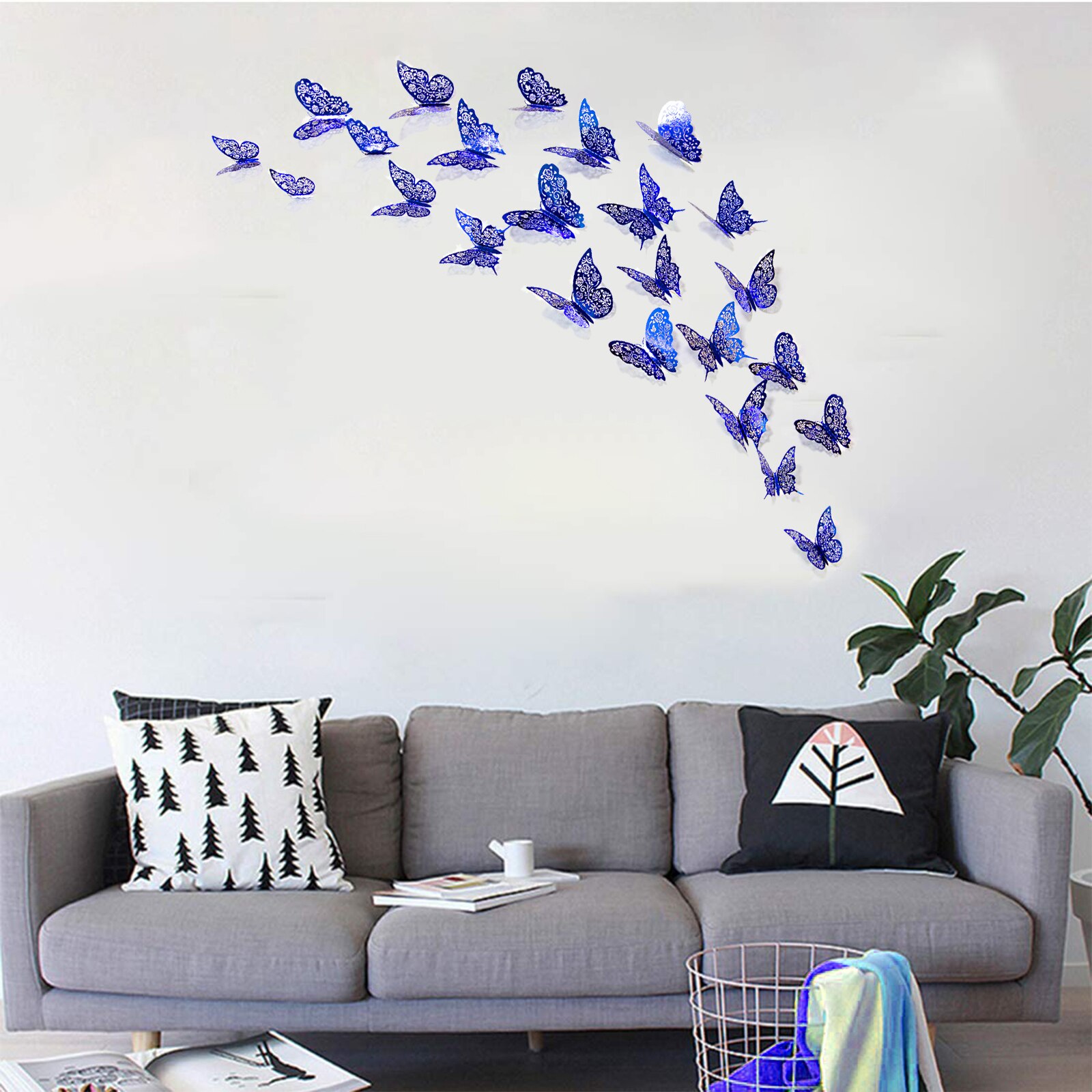 3D Royal Blue Hollow Paper Rose Flower Butterfly Wall Sticker Living Home Decoration Wedding Butterflies Decals