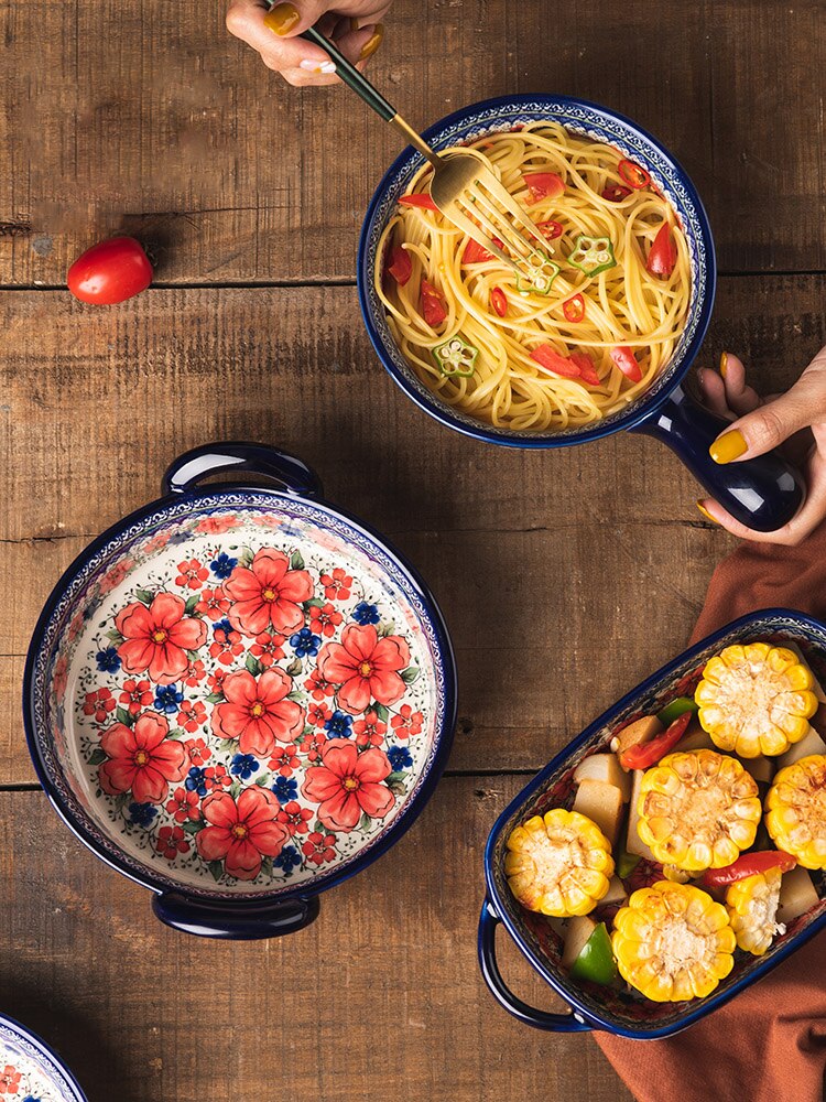 Vajilla Bohemia con de flores para el hogar, platos binaurales de cerámica con mango Retro para ensalada, Bol para el microondas, bandeja para hornear