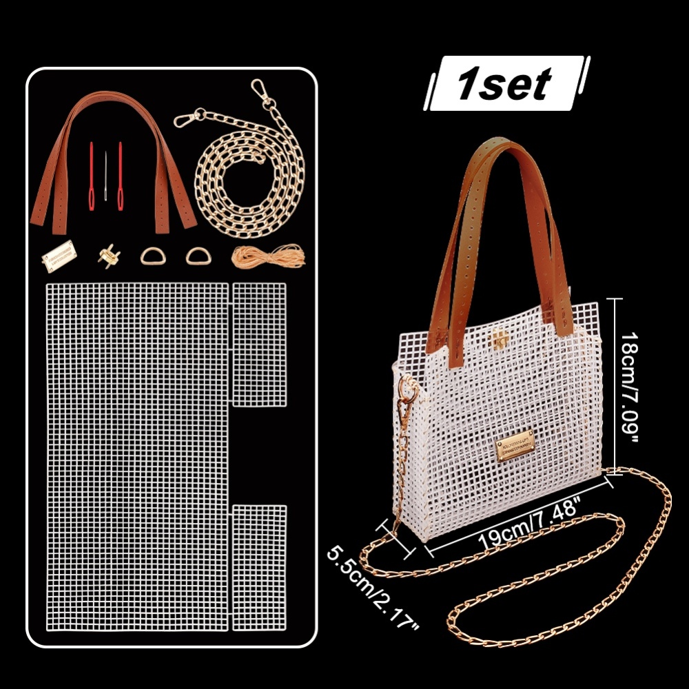 Kit de bolsas de ganchillo para tejer DIY, Kit de fabricación de bolsas tejidas a mano, hojas de lona de plástico de malla para bordado de punto de cruz: Plata antigua