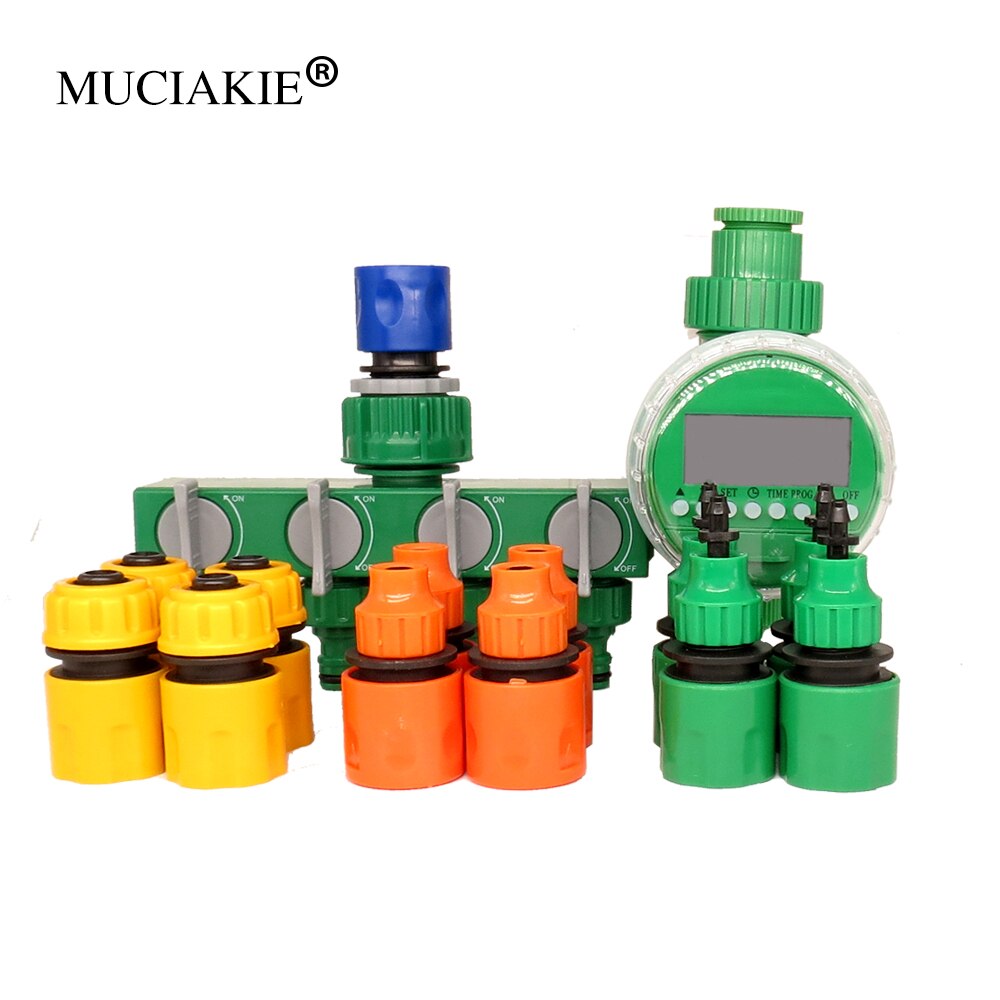 MUCIAKIE Tuin Water Timer met 4-Way Hose Splitter Automatische Watering Irrigatie Controller Adapter 1/4-in 3/8- in 1/2-in Slang