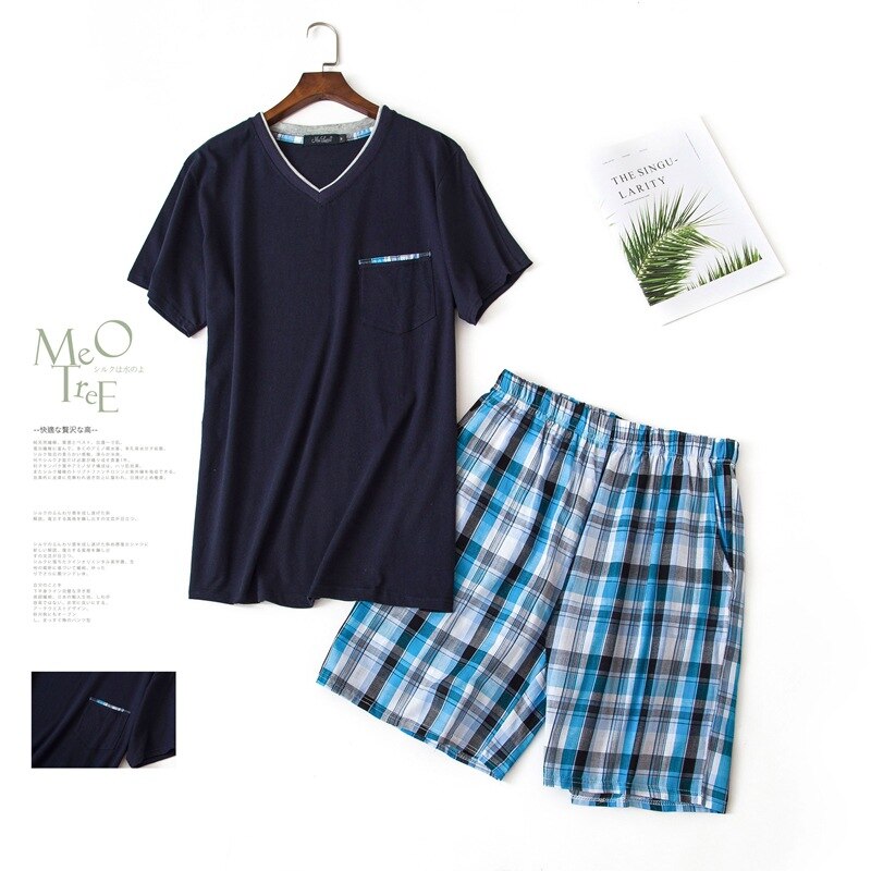 Plus Size Summer Short-sleeved Shorts Plaid Pajama Suit European Men's Cotton Mens Pyjama Sexy Sleepwear Men Pijamas Big Size: 18 male blue-1 / L