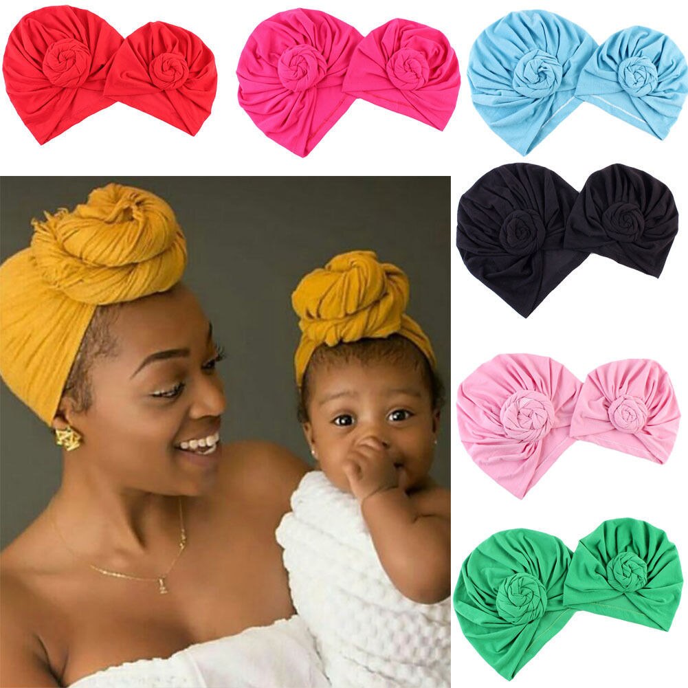 2pcs Women Baby Turban Hat Solid Warm Children Parent-child Cap Twist Knot Bonnet Wrap Caps Mom Baby's Casual Hats