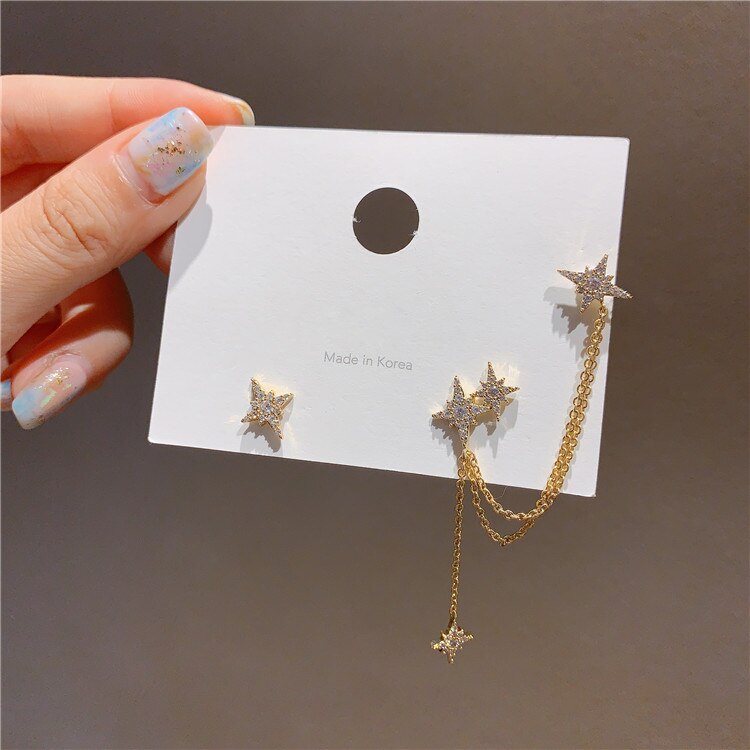 Koreanische Achteckigen Stern Quaste Ohrring für Frauen Ohr Manschetten Kühlen Schmuck Kette Jahrgang Kristall Ohrringe Geburtstag Party