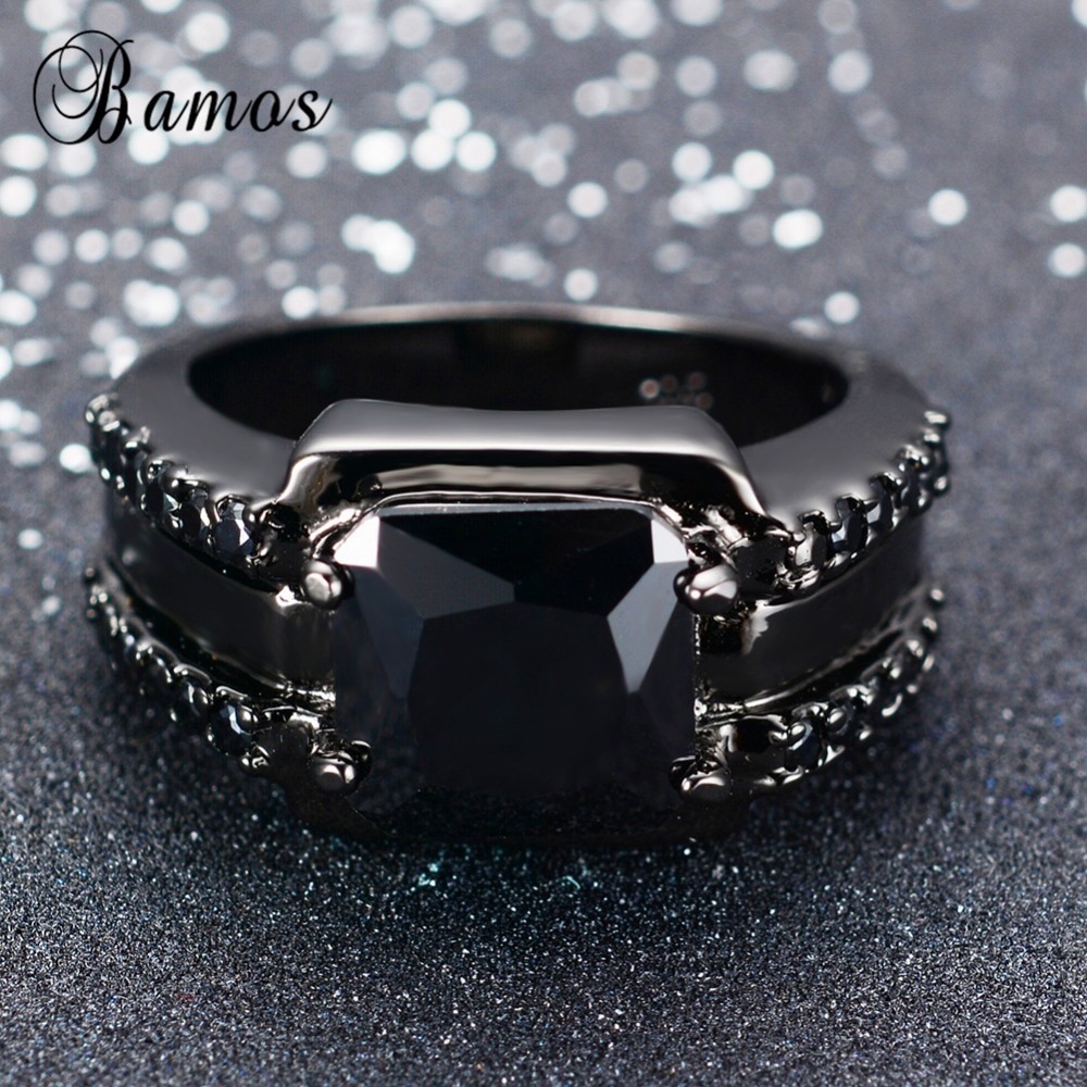 Bamos Gorgeous Male Black Ring Big Geometric Black Gold Filled Retro Party Wedding Rings For Men Father's Day