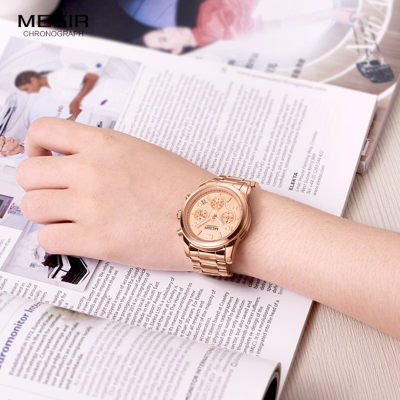 Reloj Megir mujer cronógrafo reloj de cuarzo con oro de acero inoxidable brazalete de acero 24 horas calendario pantalla reloj de pulsera para mujer 2057