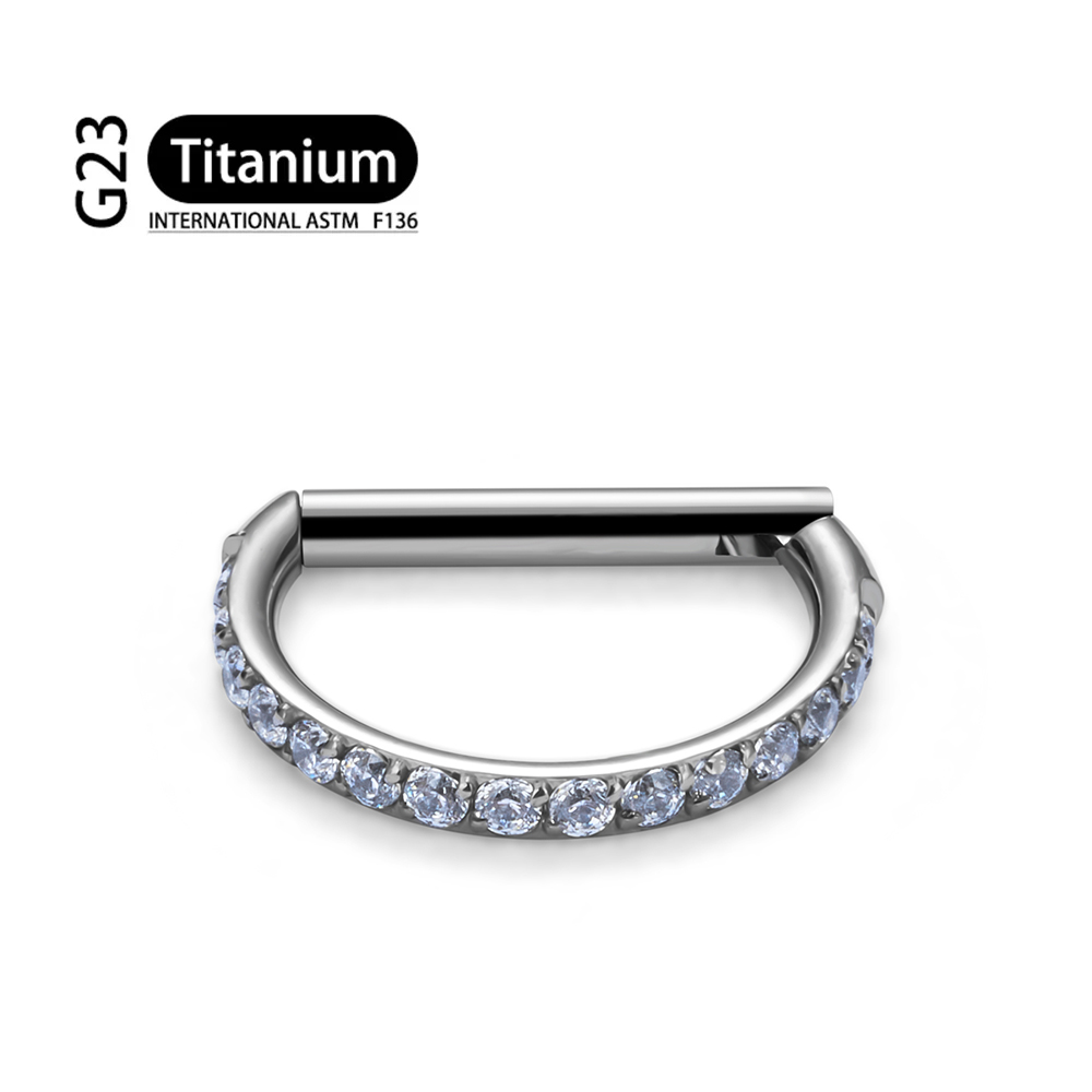 Astm f -136 titanium neusring, daith oorbel, hartvormige oorring, hoepel, kraakbeenring, tragusring, d-vormige helixring, scharnierende segmentring met heldere zirkonia.: Wit / Rhodium geplateerd