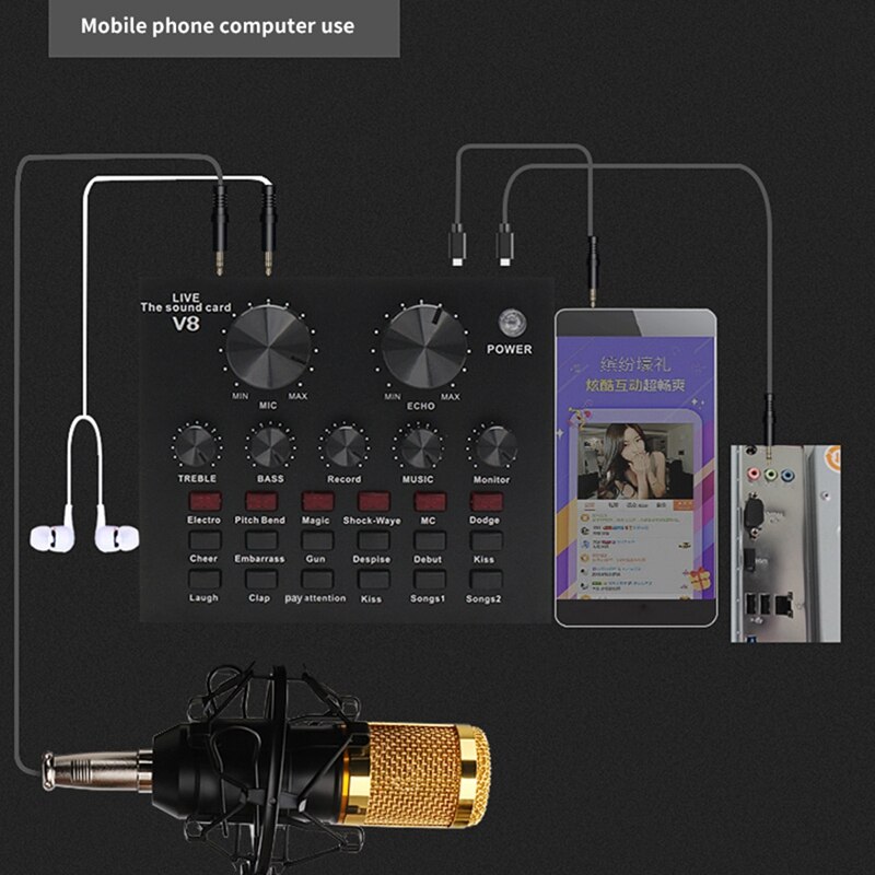 V8 Geluidskaart Audio Set Interface Externe Usb Live Microfoon Geluidskaart Bluetooth Functie Voor Computer Pc Mobiele Telefoon