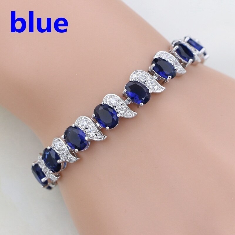 Klassieke Rode Granaat Wit Zirconia Charm 925 Sterling Zilveren Ketting Link Armband Voor Vrouwen Gratis Box: Blauw